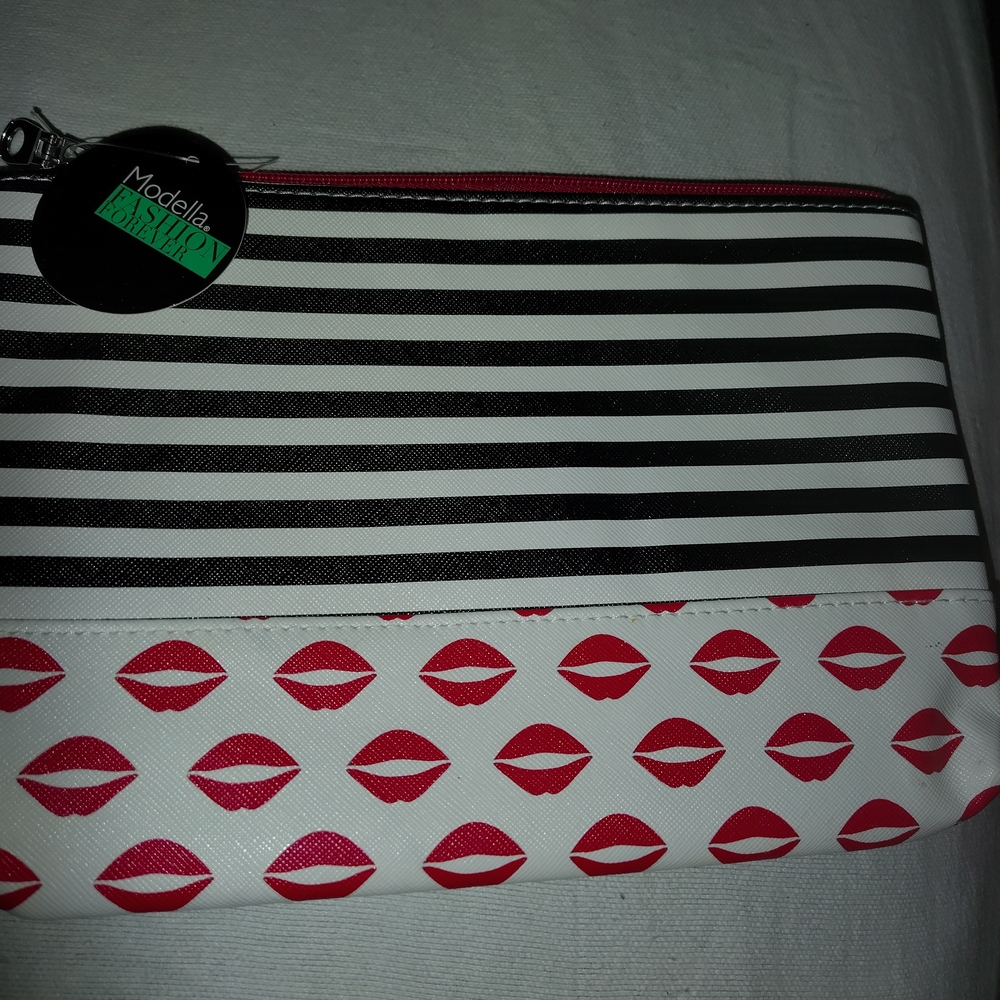 Modella Black and White Striped Cosmetic Bag with Red Lips